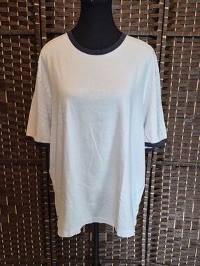 Thom Browne White Short-Sleeve Ringer Tee with Navy Trim